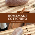 Uncooked cotechino on a wooden board with spices scattered nearby.