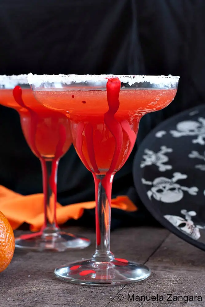 Blood Orange Margarita with red spooky rim for Halloween.