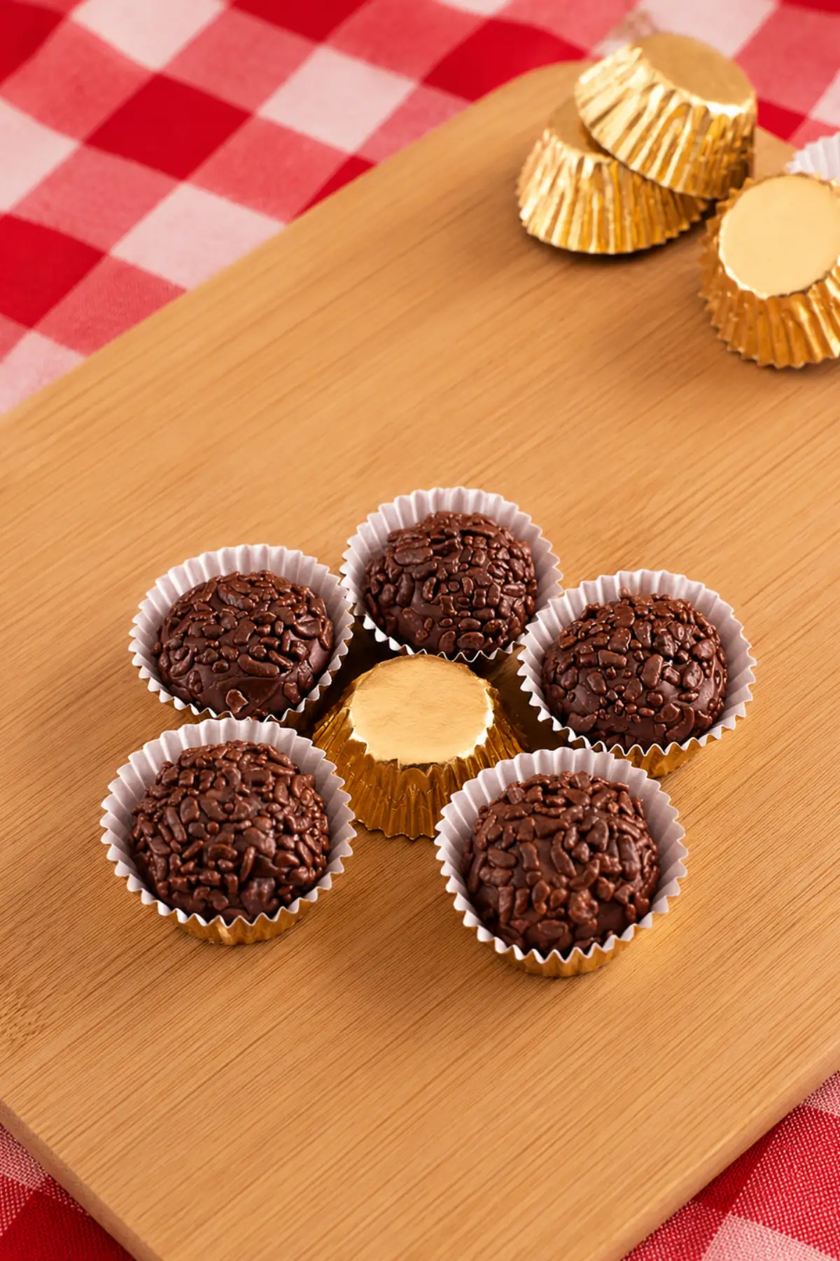 Chocolate sprinkle truffles displayed around a gold foil cup on a wooden board.