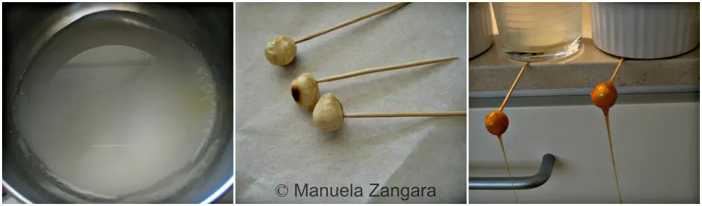 Sugar syrup heating in a small saucepan for caramel decoration.