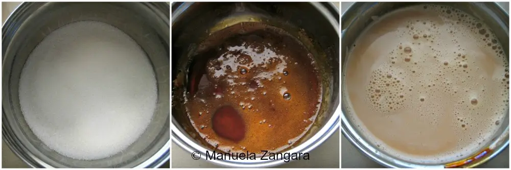 Sugar melting to caramel and cream mixture being stirred together.