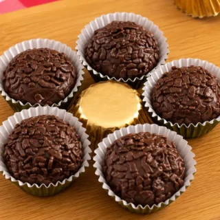 Homemade chocolate truffles coated in sprinkles and served in white paper cups.