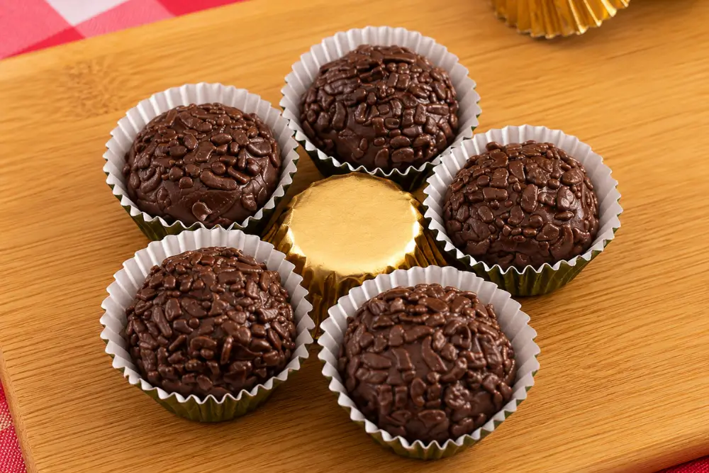 Homemade chocolate truffles coated in sprinkles and served in white paper cups.