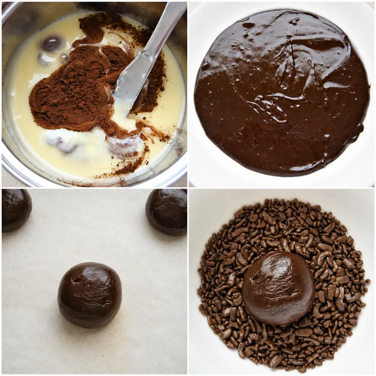 Cocoa powder mixed with condensed milk, thick chocolate mixture, rolled truffle centre, and chocolate sprinkles.