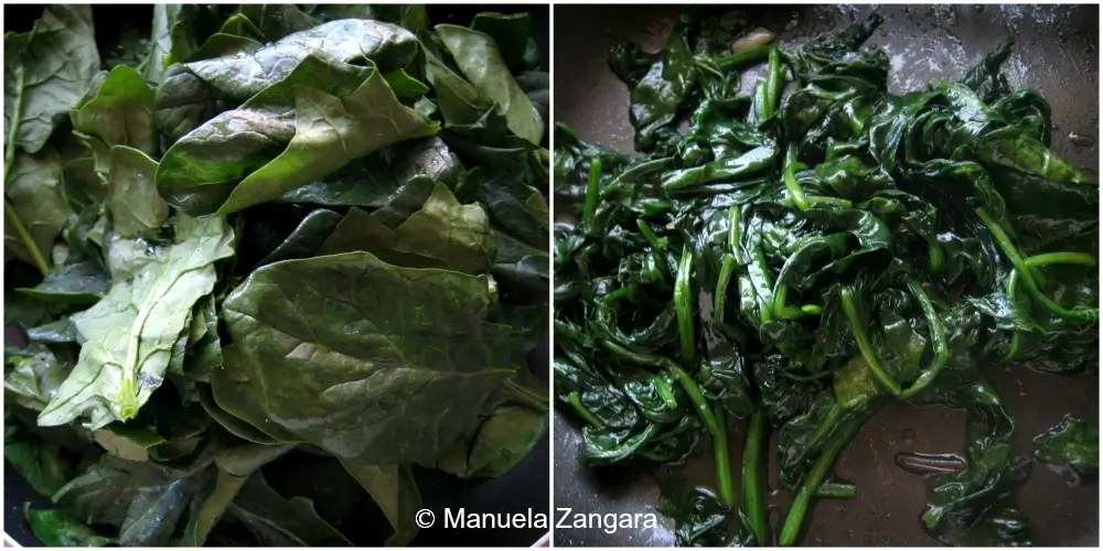 Fresh spinach leaves and cooked spinach in a pan.