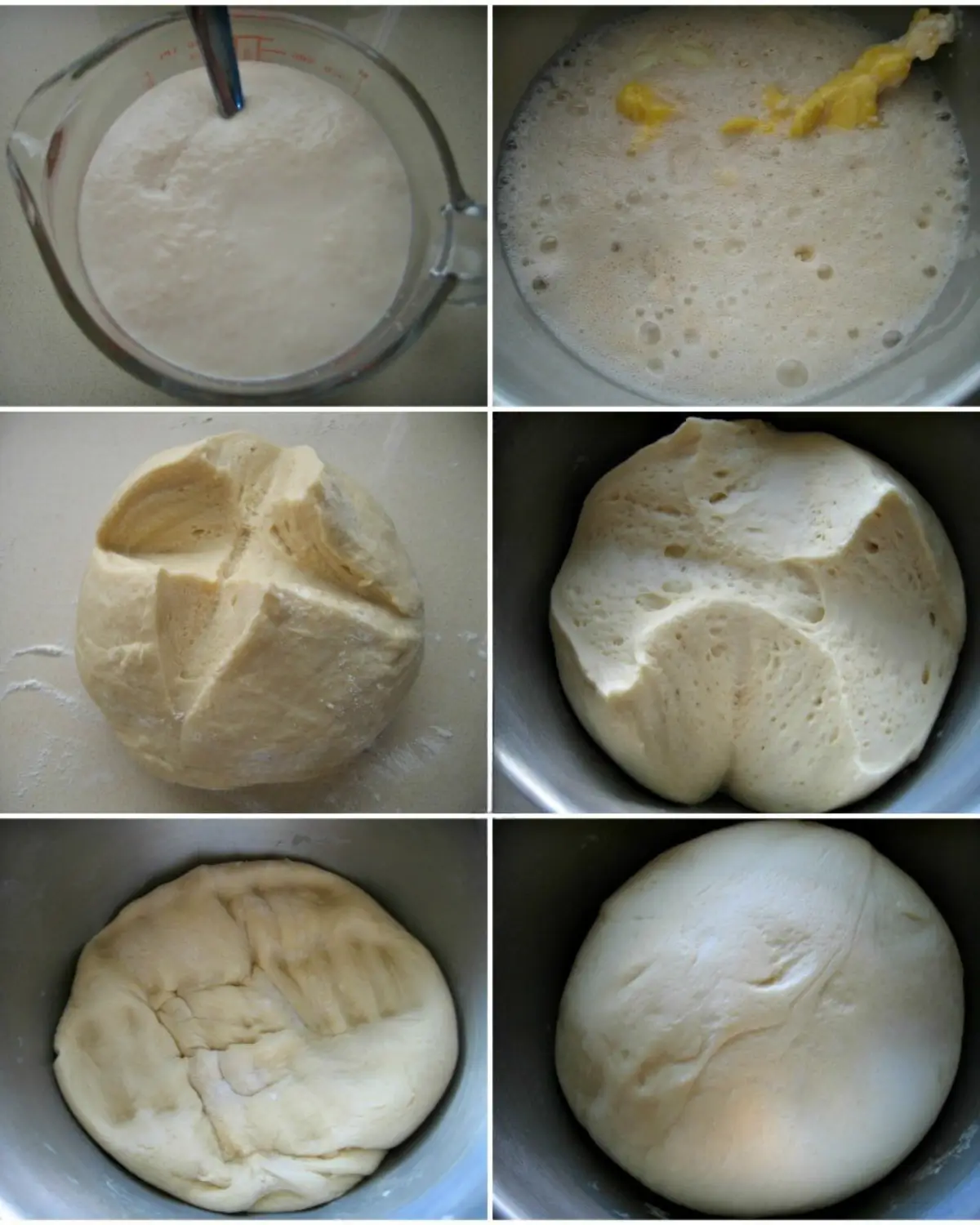 Collage showing yeast mixture, mixed dough, and dough rising in the bowl.