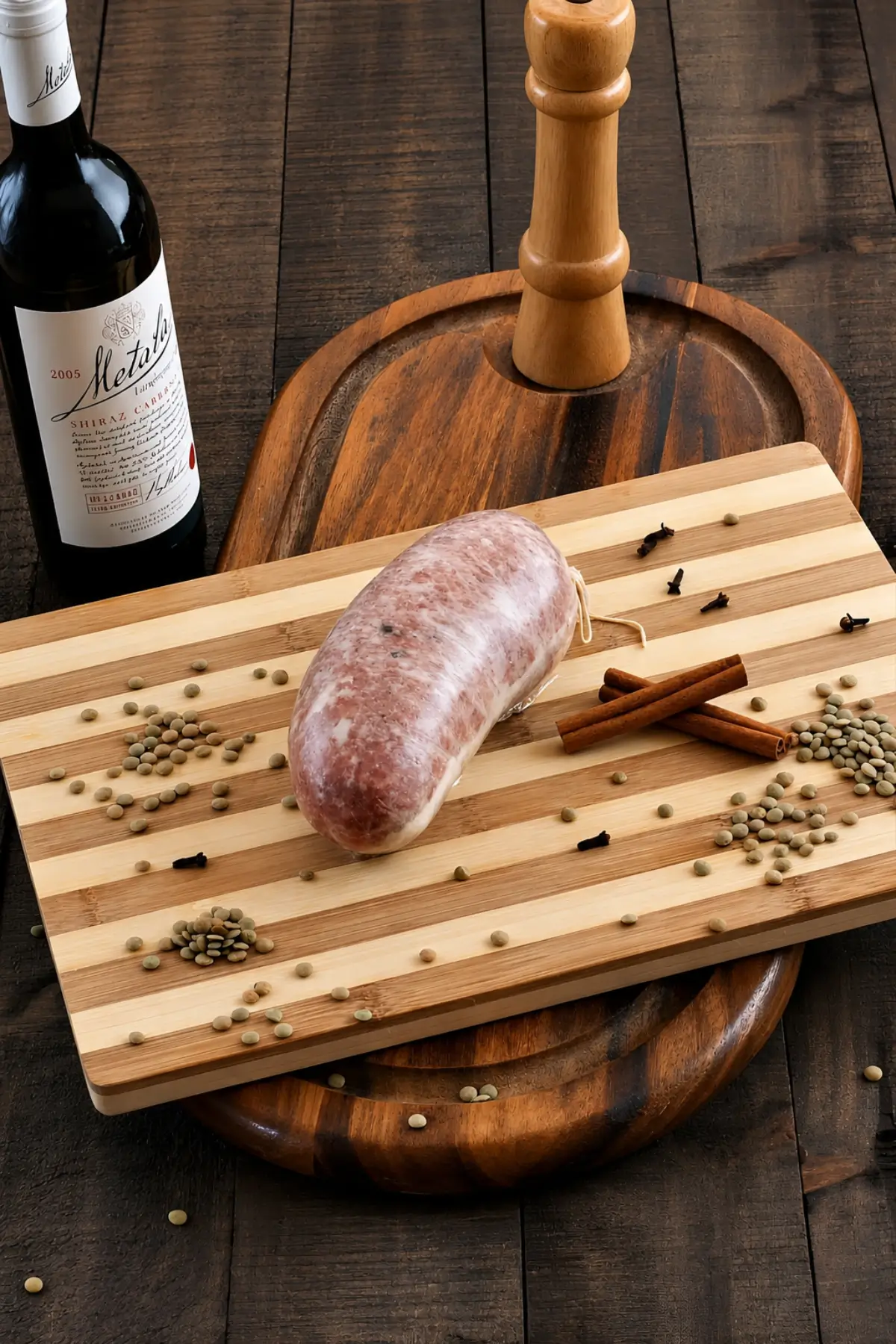 Close-up of Homemade Cotechino on a wooden board beside cinnamon sticks and peppercorns.