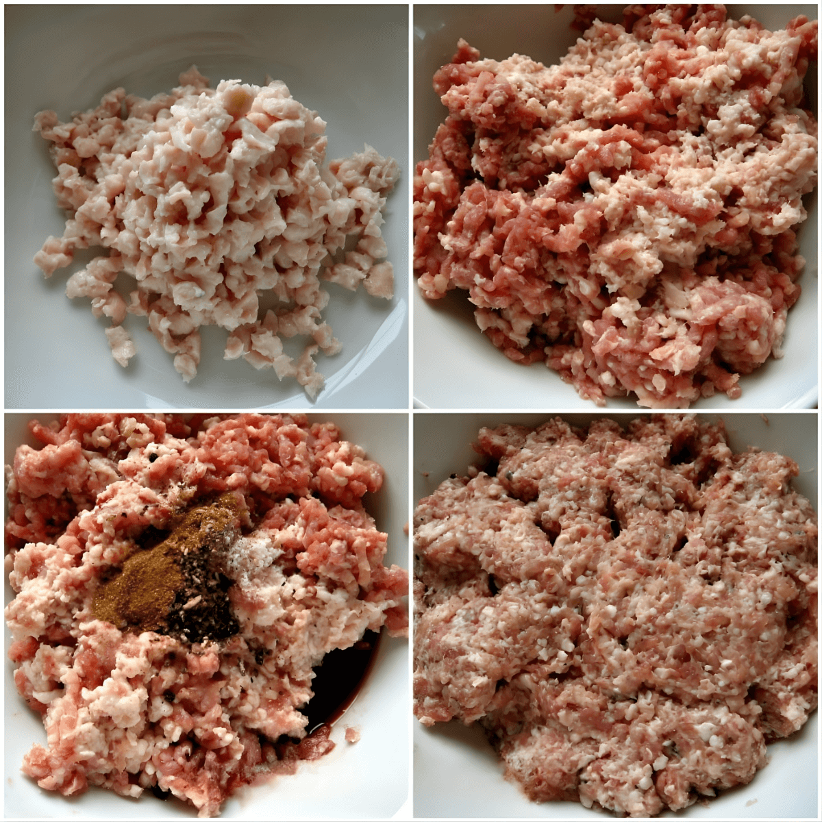 Four-image collage showing the chopped rind, the ground meat, the seasoning added, and the fully mixed cotechino filling.