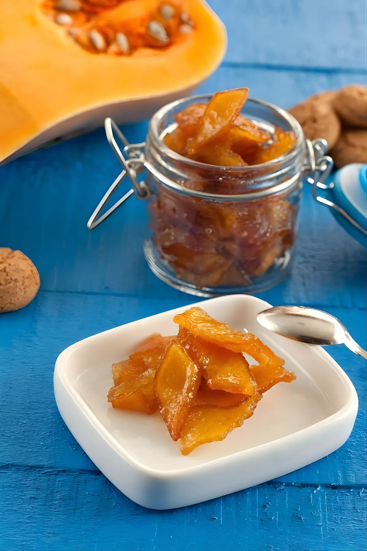 A serving of Mostarda Mantovana in a small dish, with a jar in the background.