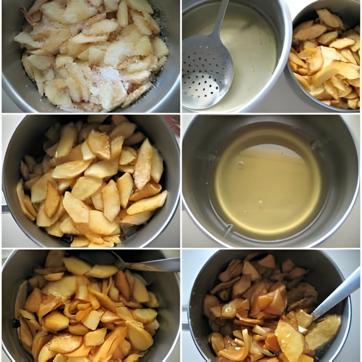 Collage showing the stages of preparing Mostarda Mantovana, including macerating, simmering, and transferring to jars.