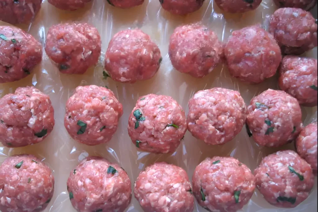 Shaped lamb koftas resting on plastic wrap before cooking.