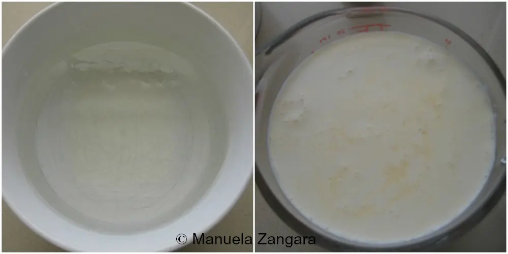 Gelatine sheets soaking in cold water next to a jug of warmed cream mixture.