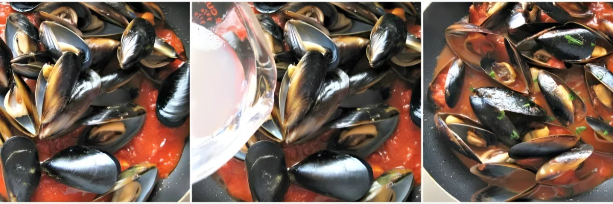 Mussels simmering in tomato sauce with reserved liquid and parsley for Spaghetti with Mussels.