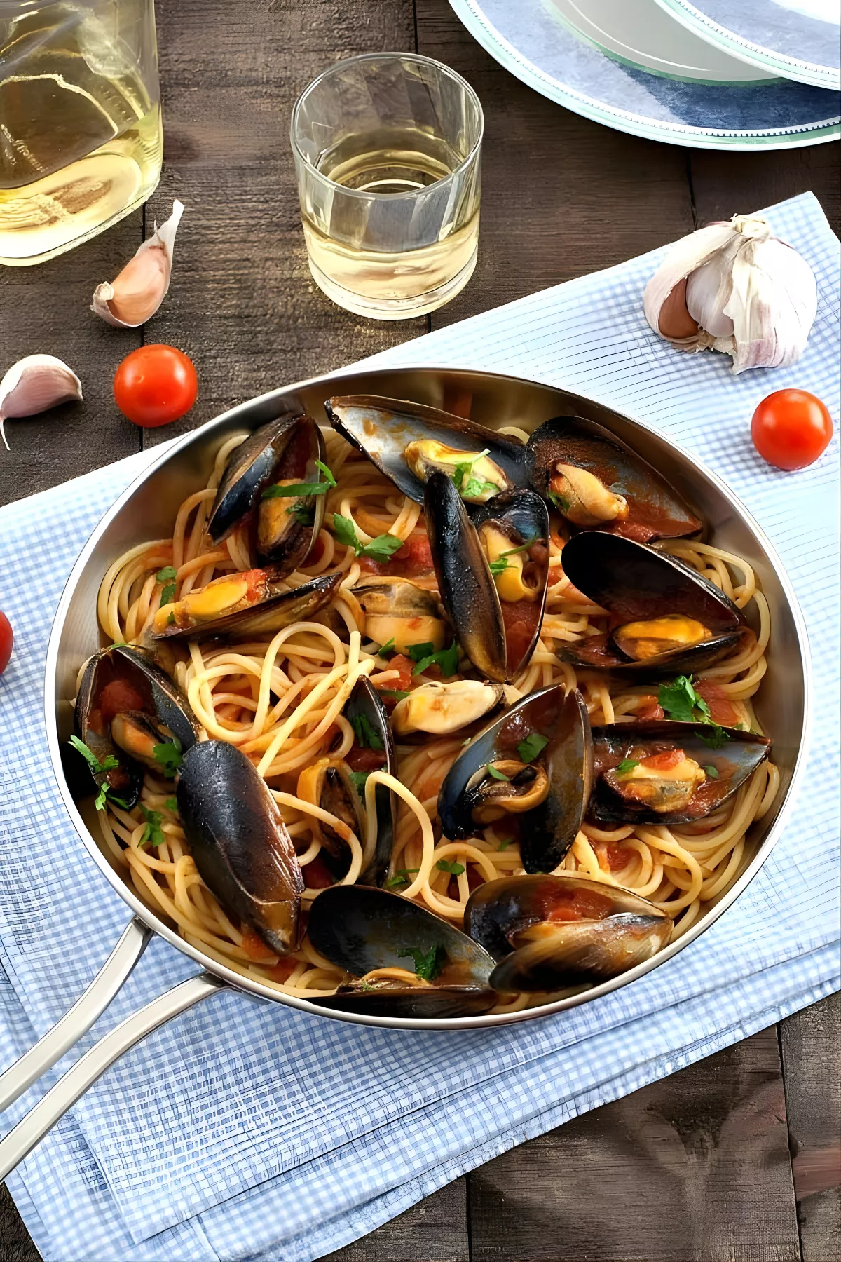 Mussels spaghetti in tomato and white wine sauce, served with parsley, garlic, and cherry tomatoes.