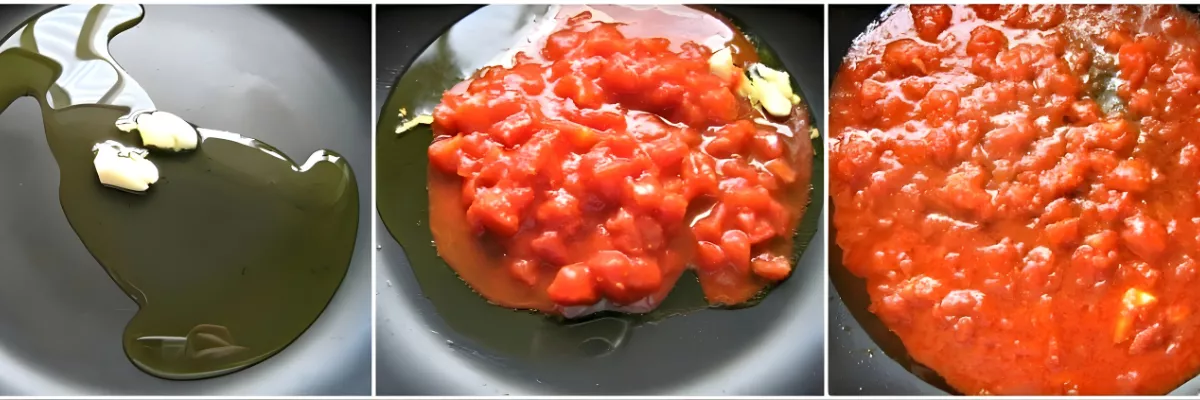 Garlic sizzling in olive oil, diced tomatoes added, and sauce simmering for Spaghetti with Mussels.