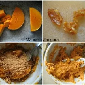 Process collage showing baked pumpkin, chopped mostarda, and mixed filling for Tortelli di Zucca.