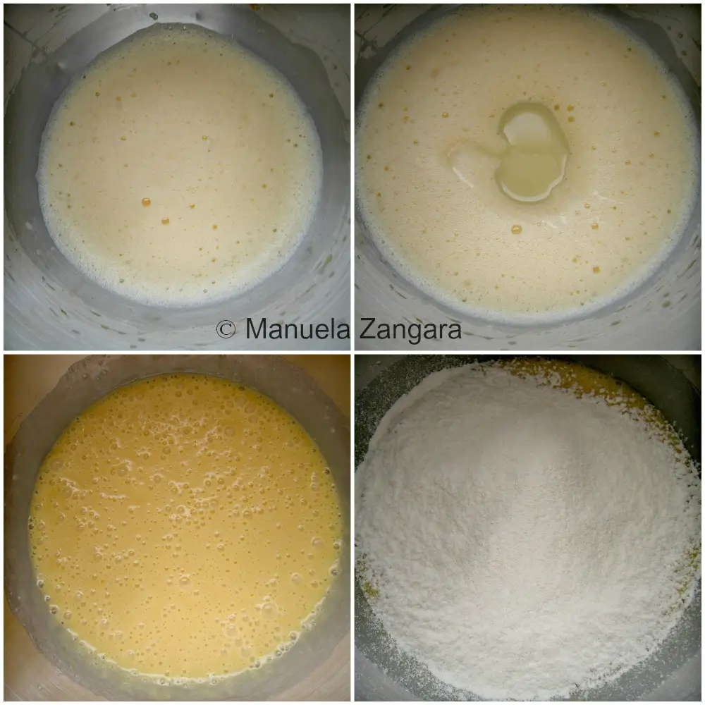 Collage showing beaten egg mixed with condensed milk, melted white chocolate added, and flour sifted into the batter before mixing.