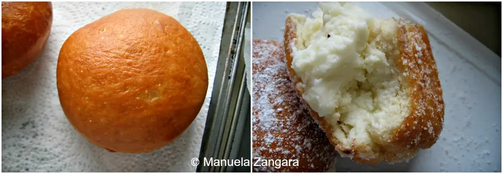 Golden fried graffa before filling and cut open with ricotta cream inside.