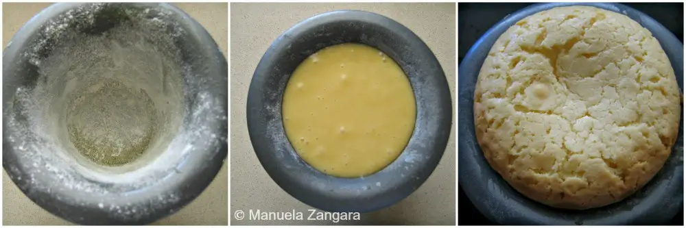 Collage showing a greased and floured pudding mould, batter poured into the mould,.