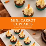 Mini carrot cupcakes topped with cream cheese frosting and fondant carrots.