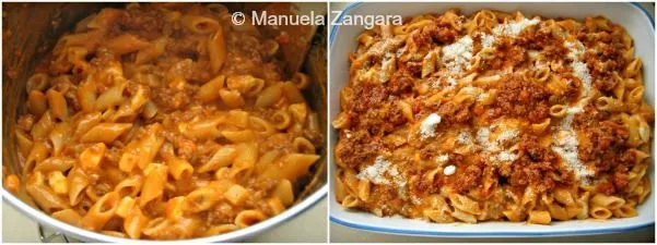 Pasta mixed with ragù and Béchamel sauce, layered in a baking dish and topped with Parmigiano Reggiano before baking.