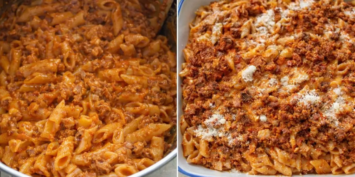 Penne mixed with ragù and béchamel sauce, layered and topped with grated cheese before baking.