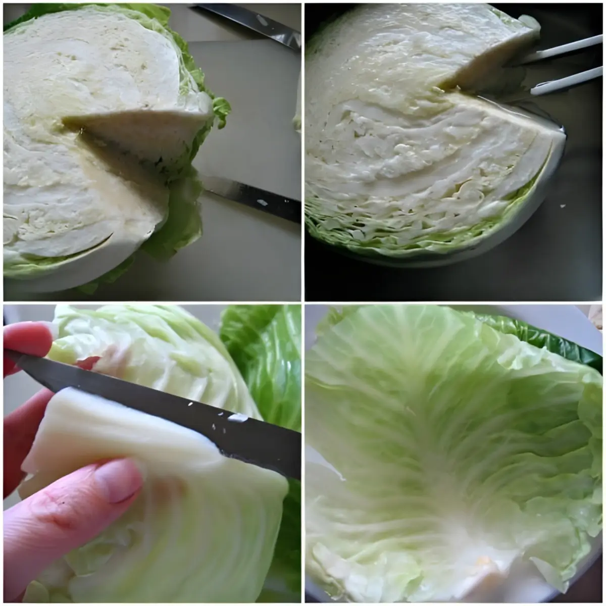 Cutting and removing the core from a cabbage before boiling.