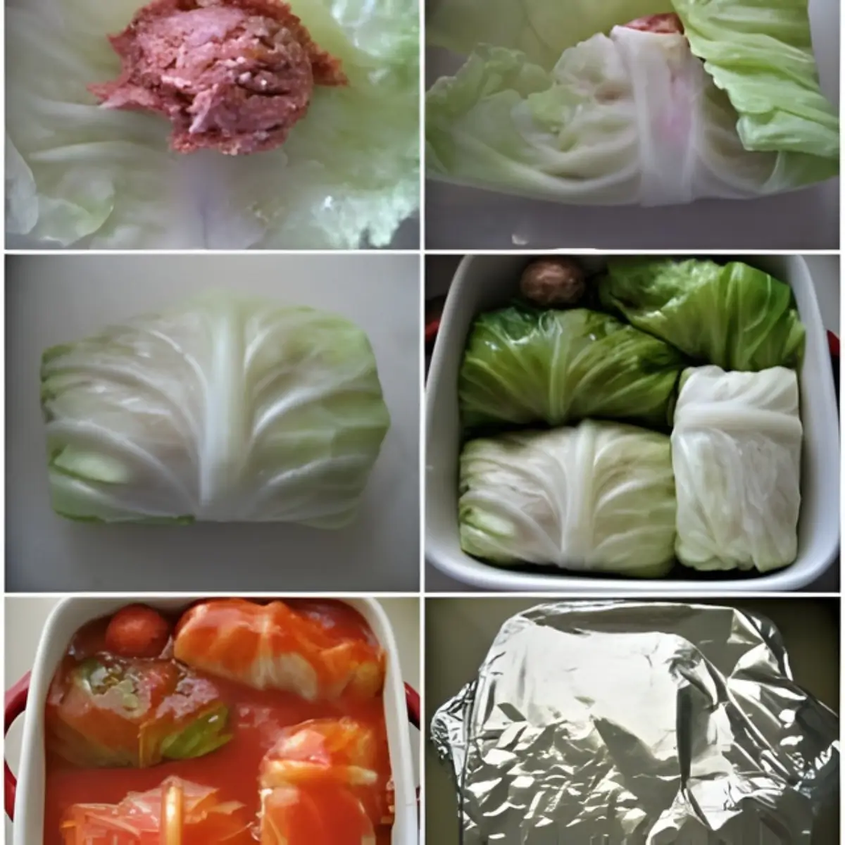Filling, rolling, and layering cabbage rolls with tomato sauce before baking.