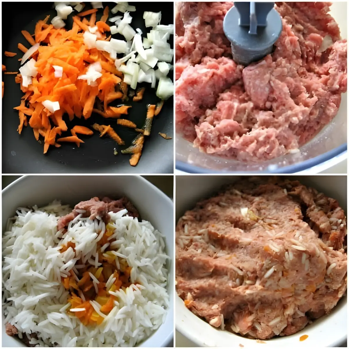 Chopped vegetables and ground meat mixed with rice for cabbage roll stuffing.