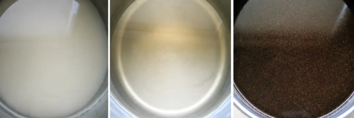 Coffee liqueur mixture in a pot showing the syrup and coffee mixture before refrigeration.