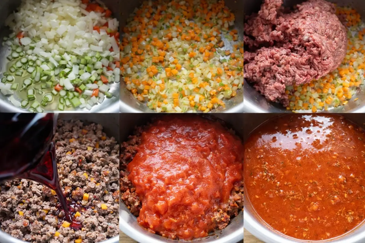 Onion, carrot, and celery sautéed, then cooked with beef, wine, and tomato to make a rich ragù sauce.