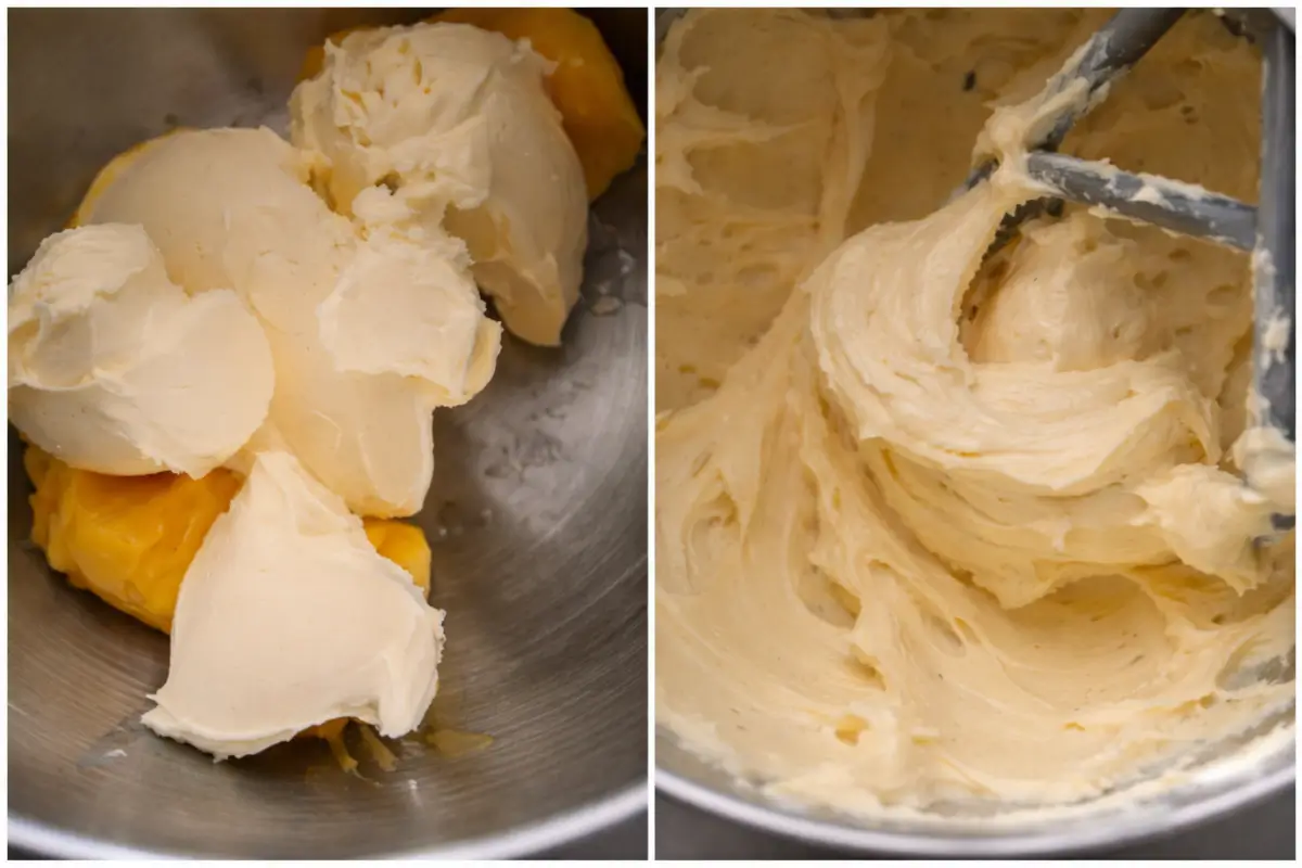 Cream cheese and butter beaten together until smooth and creamy for frosting.