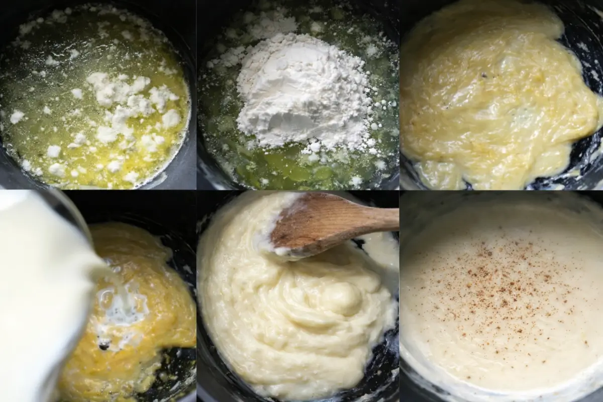 Butter, flour, and milk combined and whisked into a smooth béchamel sauce with a creamy texture.