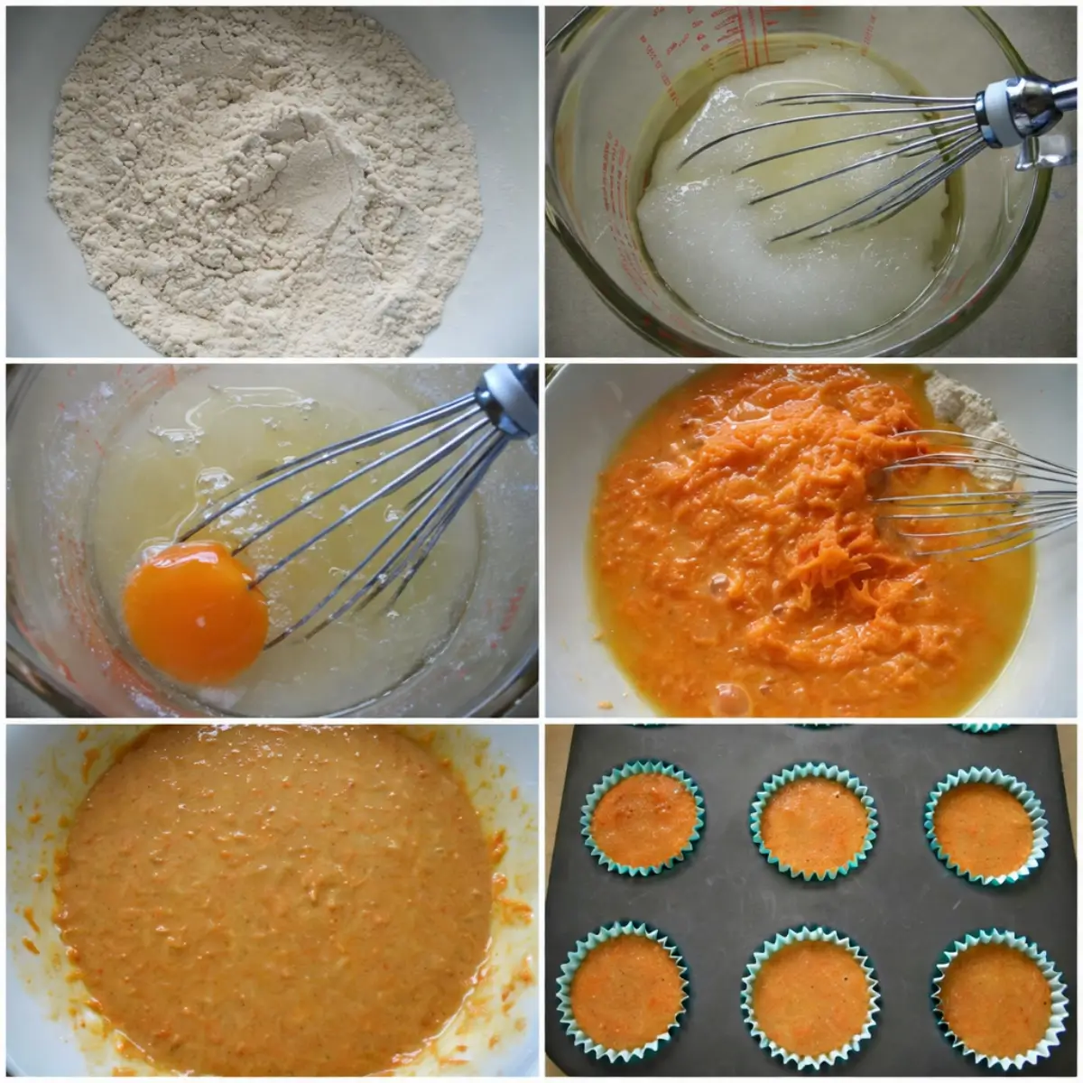 Flour, sugar, eggs, oil, and grated carrots being mixed step by step into a smooth cupcake batter.