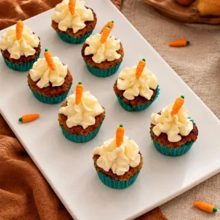 Mini carrot cupcakes with piped cream cheese frosting and fondant carrot toppers on a white platter.