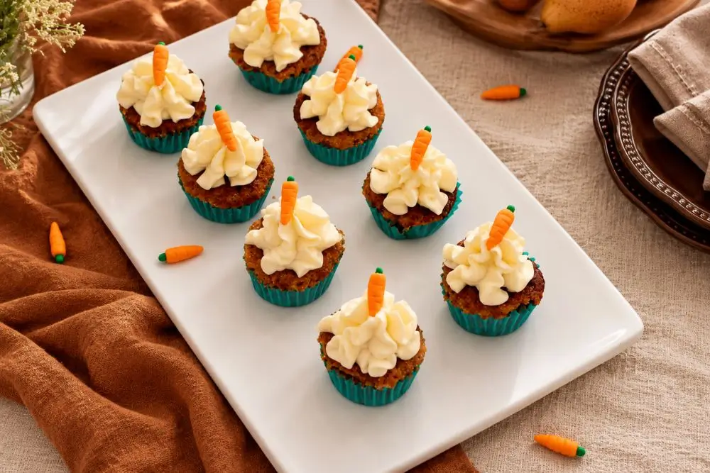 Mini carrot cupcakes with piped cream cheese frosting and fondant carrot toppers on a white platter.