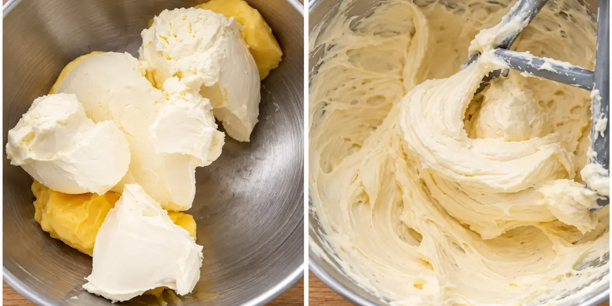 Cream cheese and butter before and after mixing.