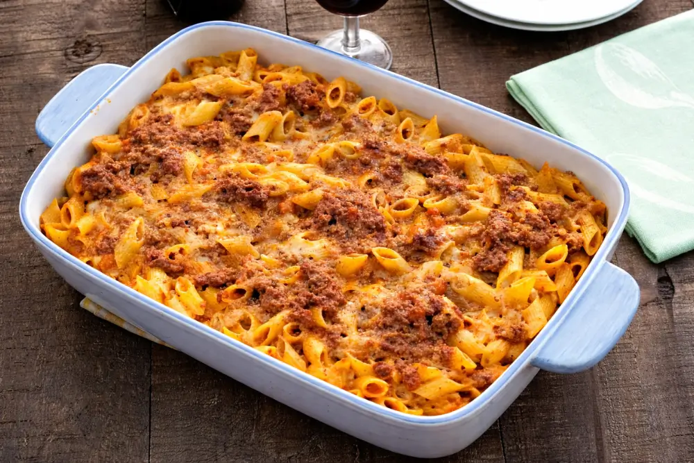 Baked pasta al forno with penne, ragù, and melted cheese on top in a casserole dish.