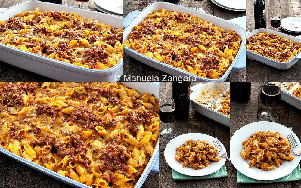 Collage showing different views of traditional Pasta al Forno.