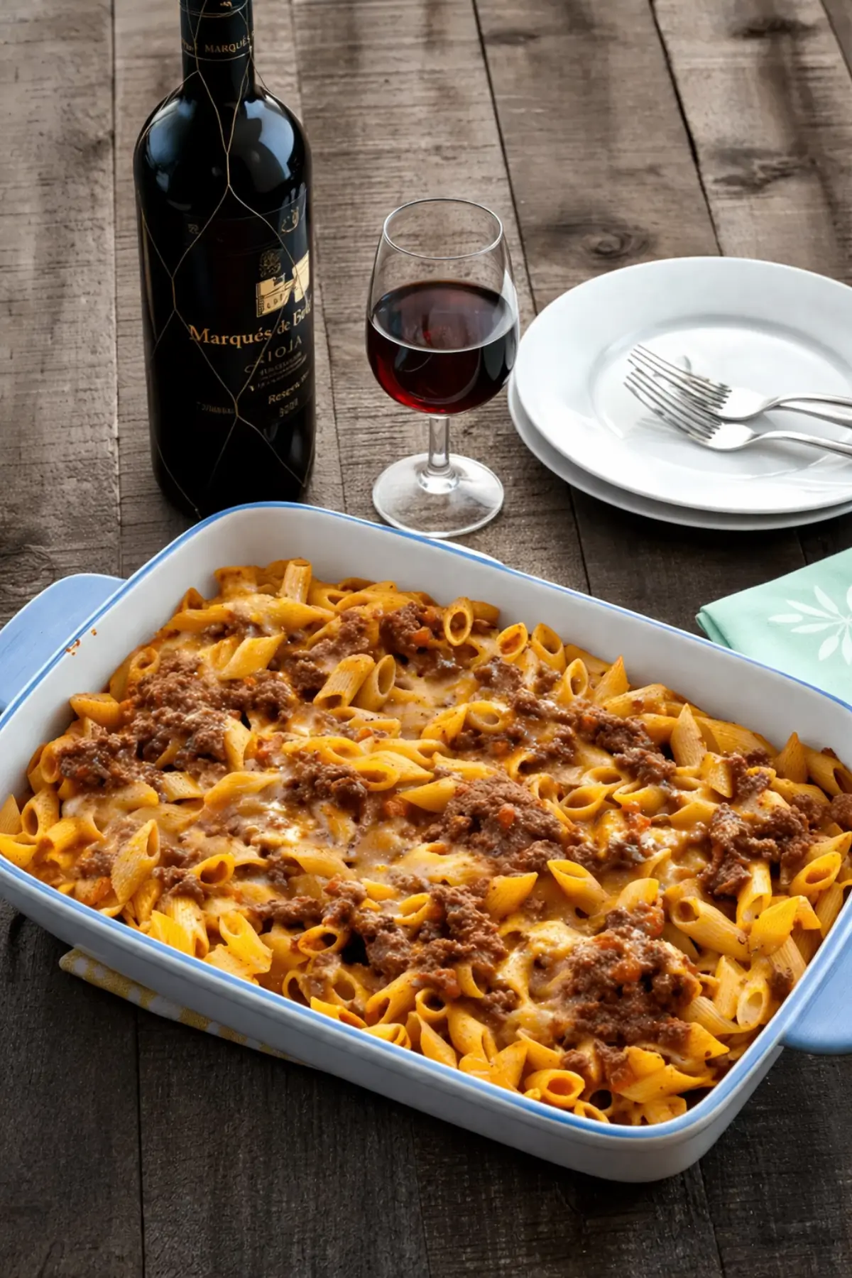 Pasta bake with ragù and cheese served hot in a baking dish with a glass of red wine on the side.
