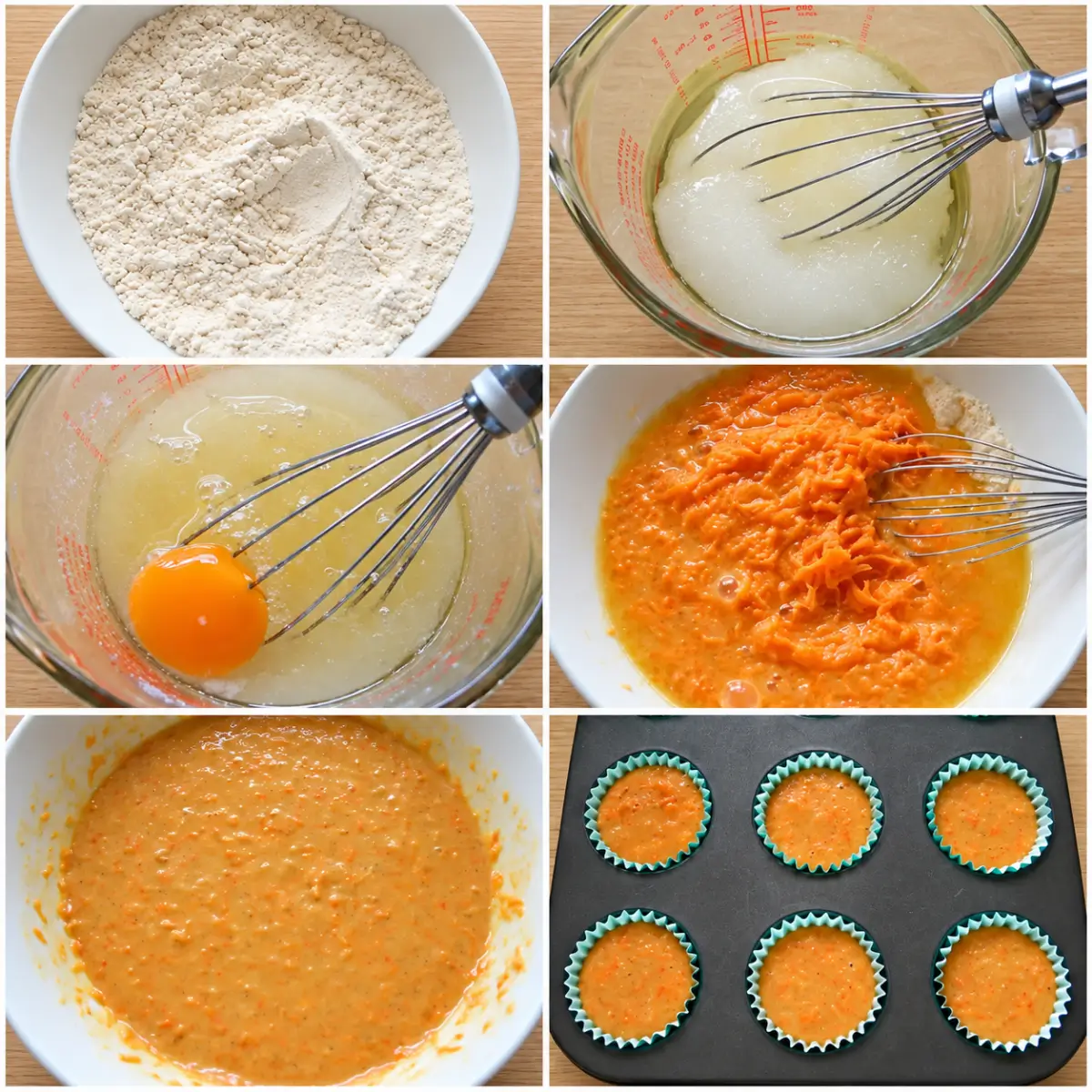 Collage showing the ingredients, grated carrots, batter and filled cupcake cases.
