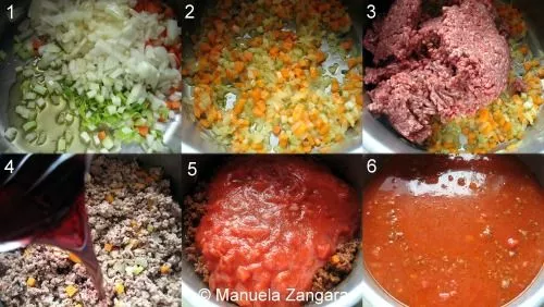 Step-by-step collage showing onions, carrots, and celery being sautéed, beef mince browned, wine added, and tomato purée mixed to make the ragù for Pasta al Forno.