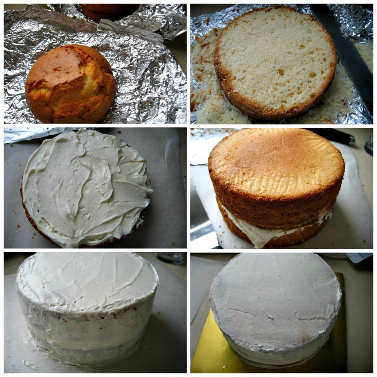 Yoghurt cake layers baked, filled, stacked, and crumb coated before fondant covering.