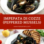 Peppered mussels served with toasted crusty bread and lemon wedges.