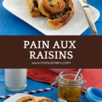 Freshly baked pain aux raisins served on a plate with milk and jam.