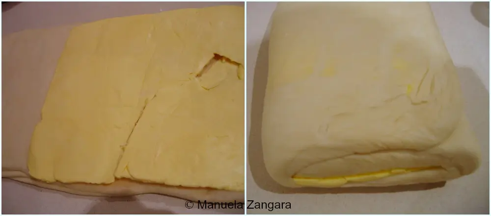 Dough with the second butter sheet placed on top and folded ready for the next turn.