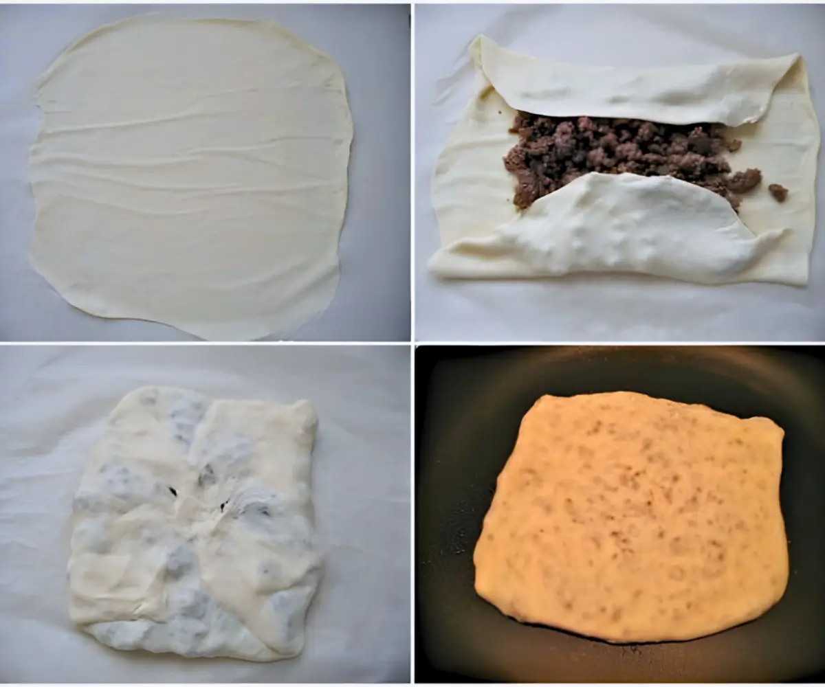 Rolling thin dough, adding lamb filling, folding into a parcel, and cooking in a skillet.