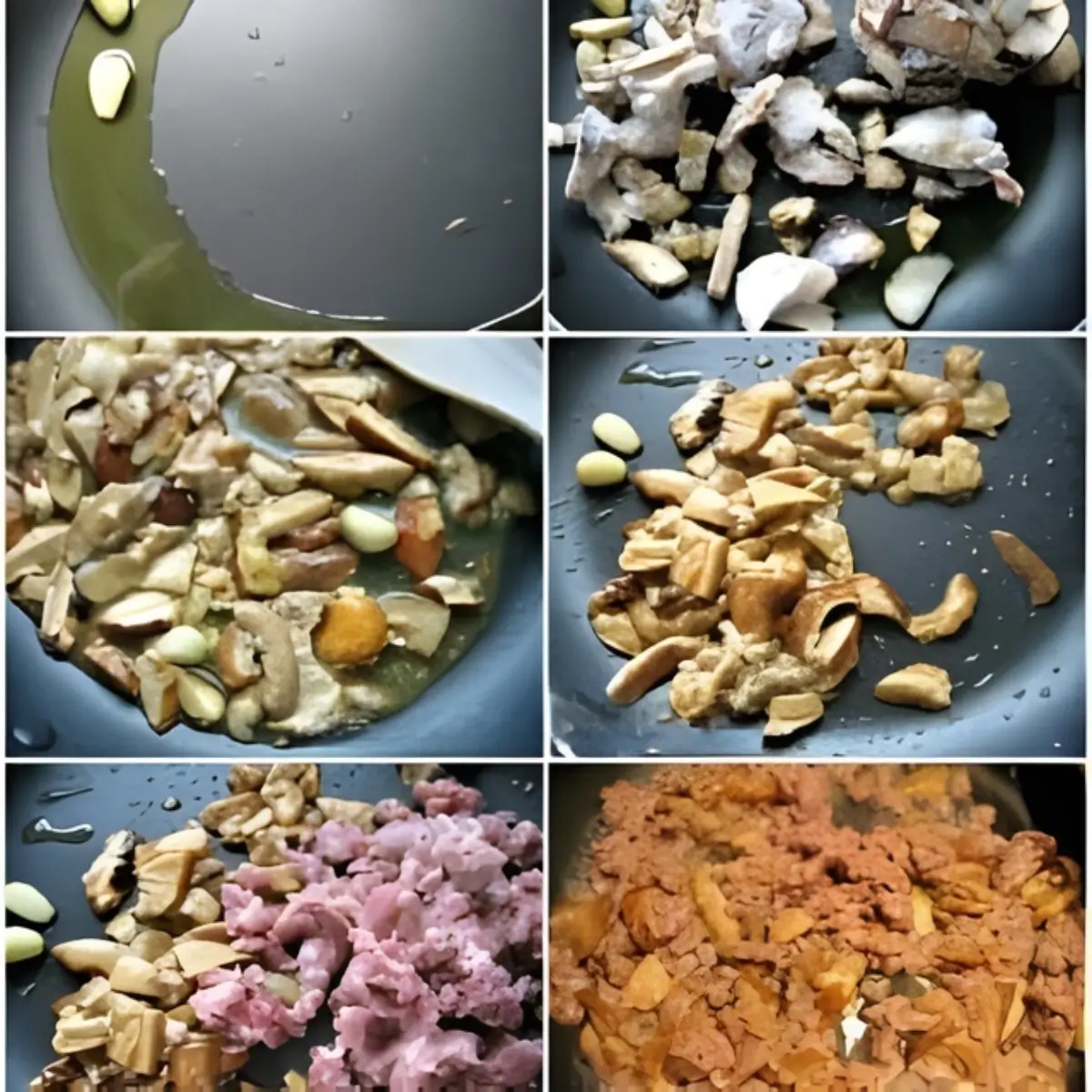 Collage showing the stages of sautéing garlic, cooking porcini, and browning sausage for the filling.
