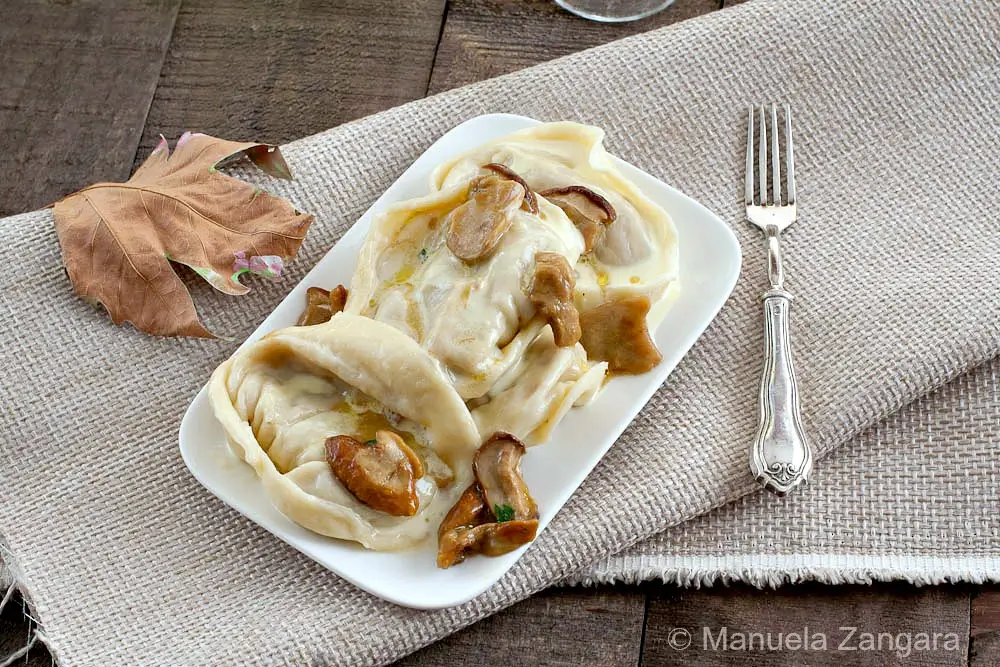 Cappellacci served on a plate with porcini and cream sauce.