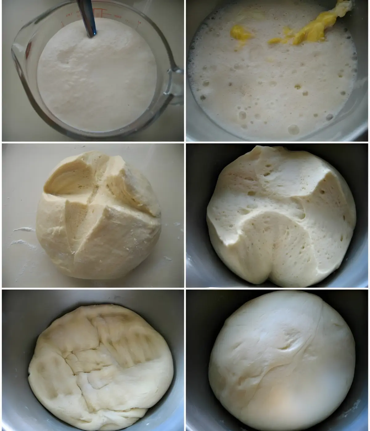 Dough being mixed, kneaded, shaped, and left to rise at different stages.